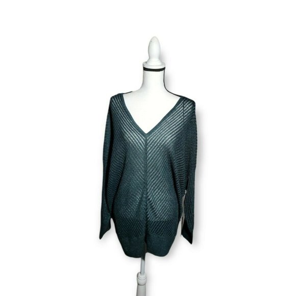 Jennifer Lopez Dark Green Metallic Drop-Shoulder V-Neck Sweater Small - Picture 2 of 9